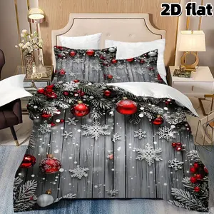 2D Flat 3Pcs Christmas Bedding Winter Holiday Red Ornaments Pine Branches Snowflakes Grey Wood Background Duvet Cover Pillowcases Soft Microfiber Bedroom Decorative Xmas Gift Bed Linen Quilt Cover