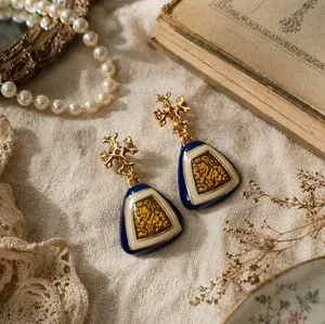 Female Vintage Blue Enamel & Gold Cross Alloy Dangle Drop Earrings, Casual Clip Earrings