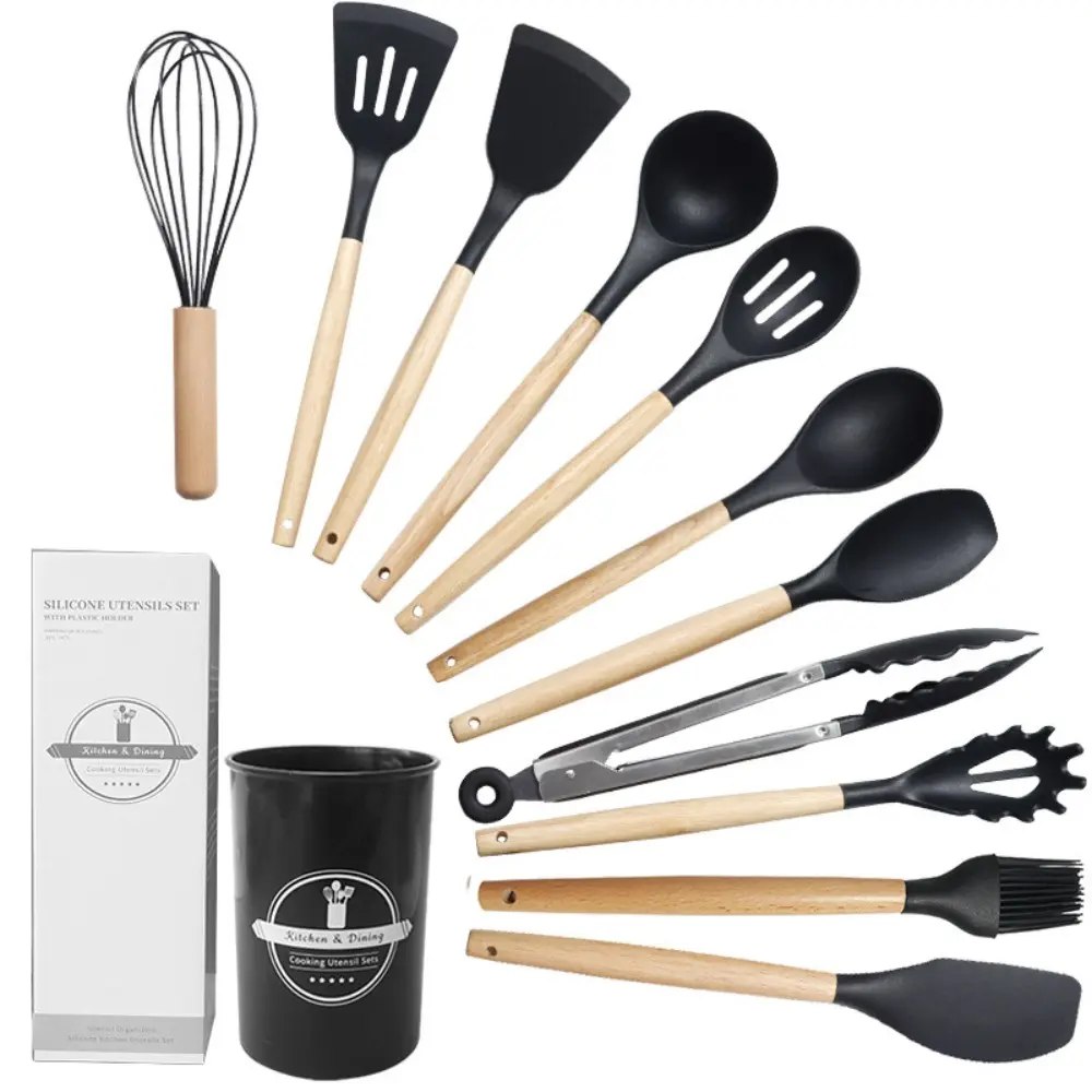12-Piece Heatproof Grip Silicone Kitchenware Set with Ergonomic Natural Wood Handles - Cooking Utensils: Spatula, Turner, Slotted Spoon, Egg Beater, Pasta Spoon, BBQ Clip, Oil Brush, Storage Bucket - Camping Picnic Baking Accessories, Durable, Frying