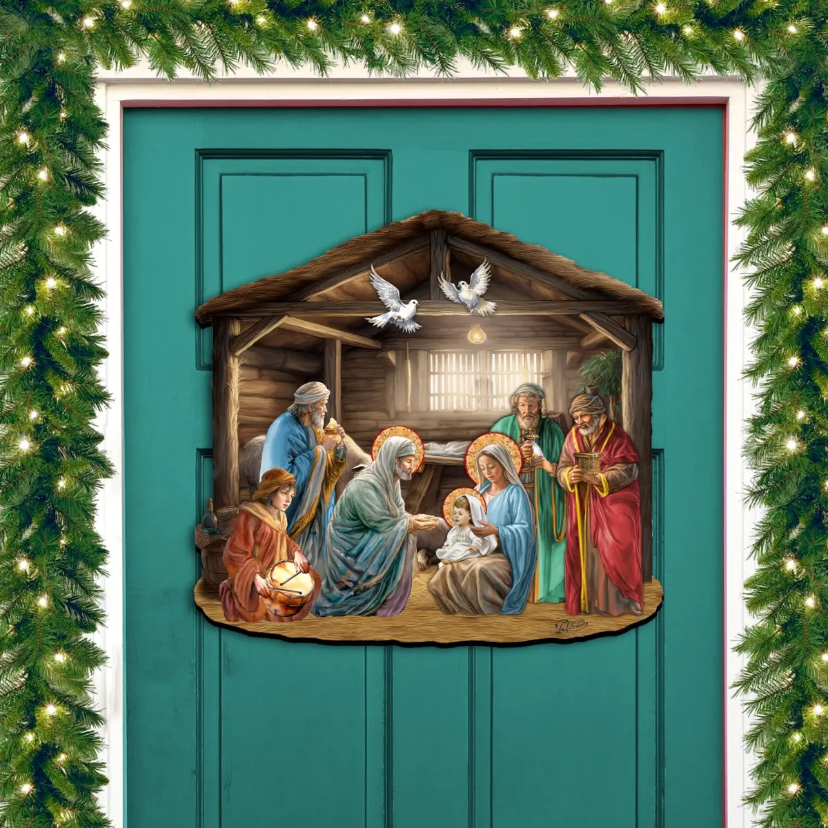 Designocracy 8652763H 24x18 in. Religious Rectangle UV-Protected Artistic Colorful Wooden Christmas Nativity Scene, Wall-Mount Holiday Decor, Festive Collectible Gift for Front Door or Window