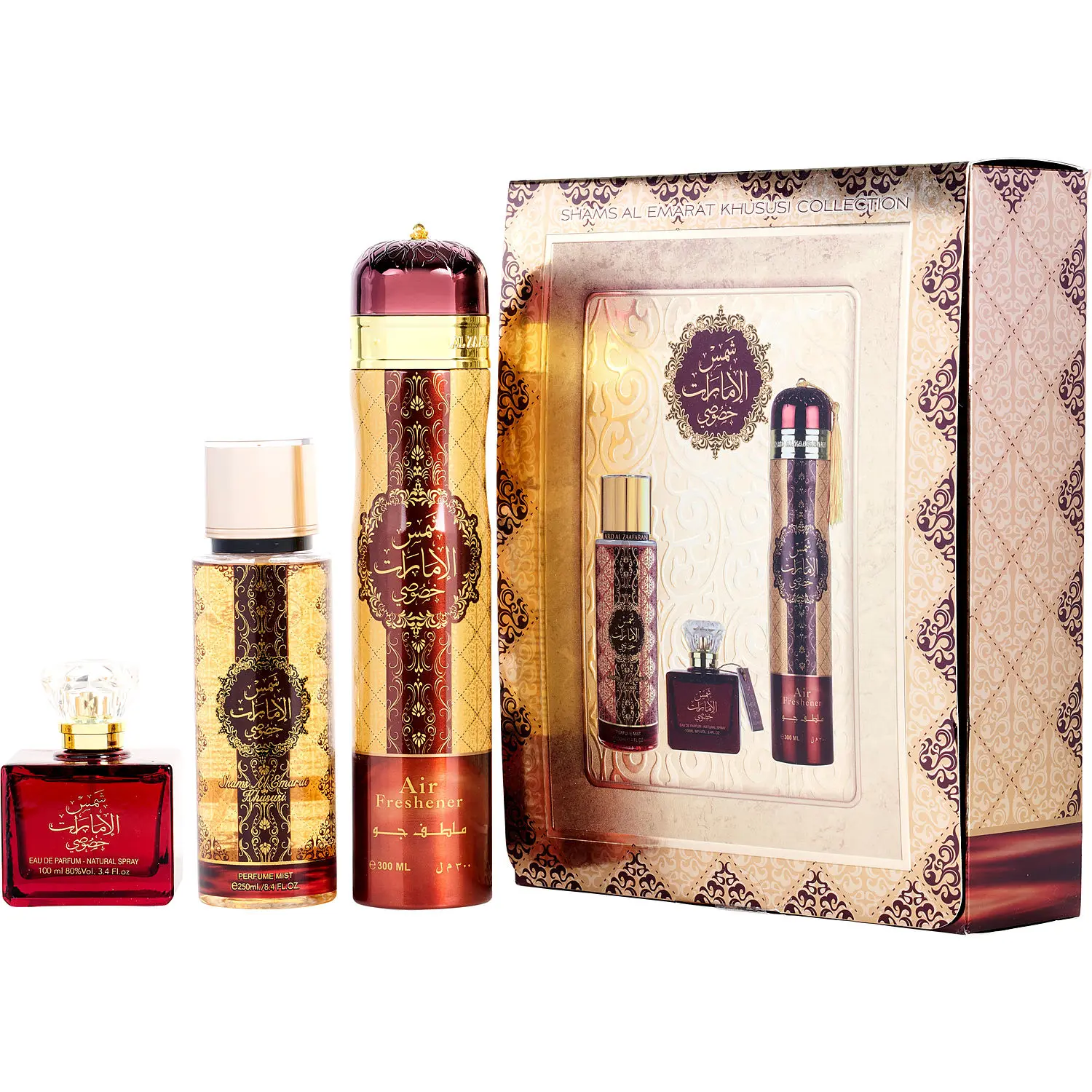 Ard Al Zaafaran Shams Al Emarat Khususi Set-Eau De Parfum Spray 3.4 Oz & Perfume Mist 8.4 Oz & Air Freshner 10.1 Oz For Unisex