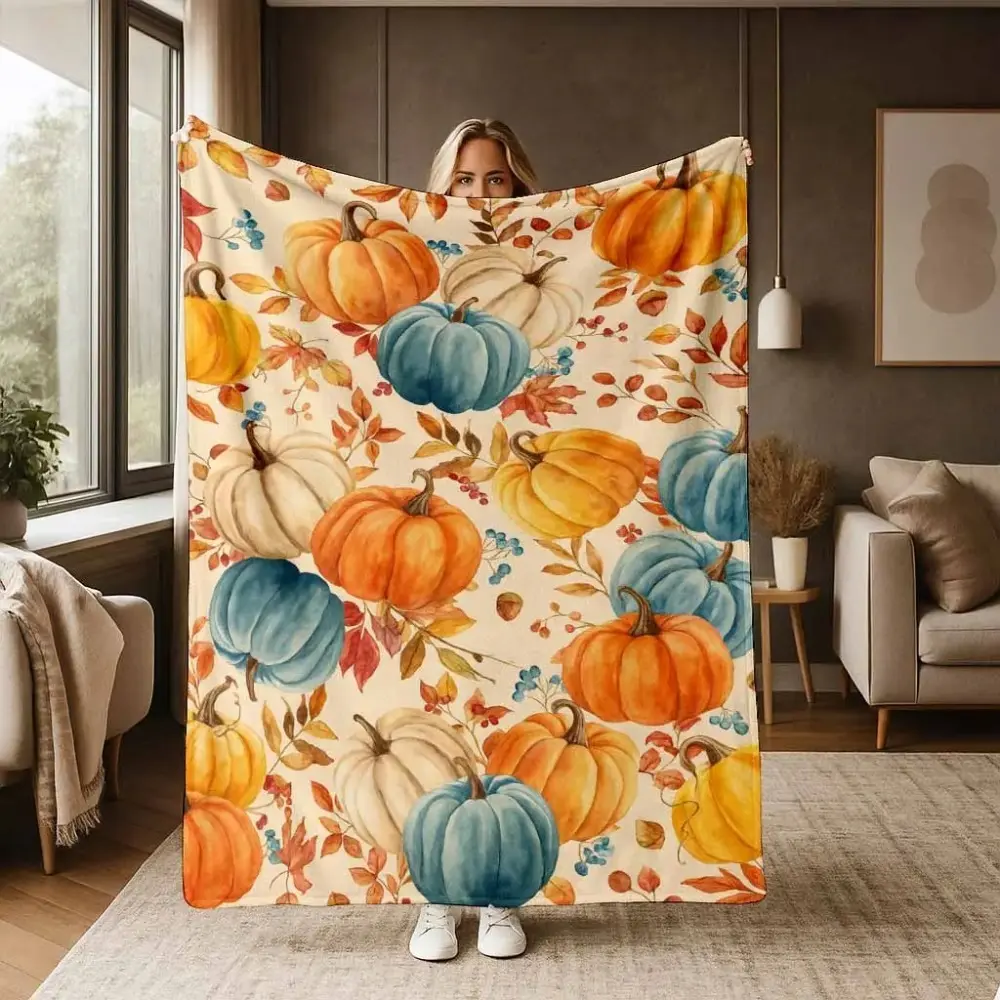 Watercolor Pumpkin Flannel Blanket, Elegant Autumn Harvest Print Pattern, Extra Soft, Lightweight, Warm, Cozy, AntiPilling, for Sofa, Bed, Living Room, Bedroom, Thanksgiving, Halloween, Birthday, Gift, Travel