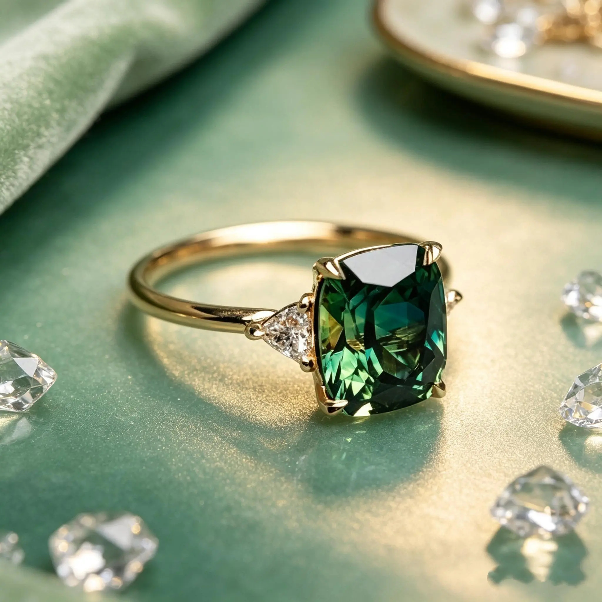 Vintage 3-Stone Statement Ring, Emerald Green Cushion Alloy Metal Jewelry for Women, Sentimental Wedding Gift, Cushion Cut, Emerald Center, Unique Rings, Sentimental Value, Statement Piece, Elegant, Three Stones