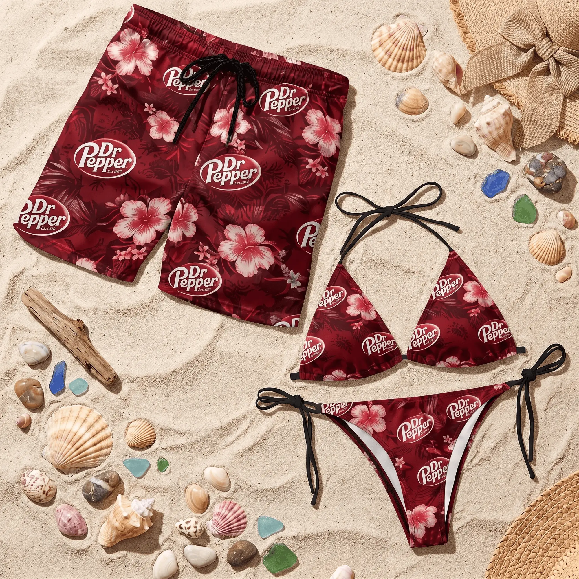 Dr Pepper Red Floral Bikini Set Matching Swim Trunks Couples Swimwear Tropical Hibiscus Bathing Suit