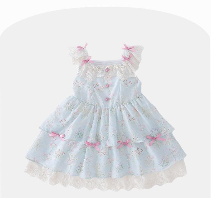 Girls' Toddler Floral Kawaii Dress - Light Blue Polyester, Sleeveless, Crew Neck, Layered Skirt, Bow Accent, Contrast Lace, Cute 3-4 Years Spring/Summer Casual Outfit