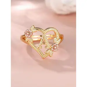 99% pure copper Fashion Flower  Heart Design Ring for Girlfriend, Alphabet Design Ring for Women, Unique Rings Jewelry for Girlfriend for Back To School Fall, Valentine's Day, Statement Ring, Jewelry Gifts, Personalized Jewelry, Adjustable Initial Rings