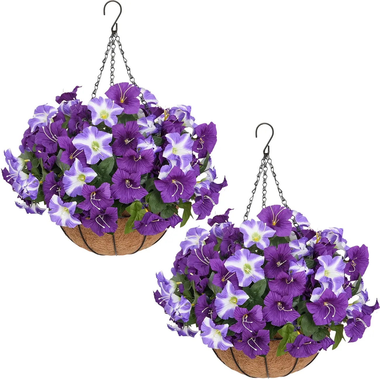 2 Pcs Artificial hanging plant and flower basket, perfect for spring and summer outdoor decoration. Features realistic silk morning glory flowers, UV-resistant, and suitable for porches, patios, balconies, and gardens. summerwins