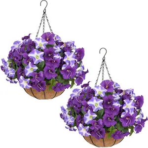 2 Pcs Artificial hanging plant and flower basket, perfect for spring and summer outdoor decoration. Features realistic silk morning glory flowers, UV-resistant, and suitable for porches, patios, balconies, and gardens. summerwins