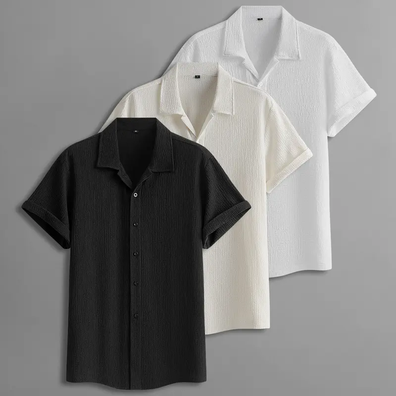 3-Pack Men’s Summer Short-Sleeve Shirts – Wrinkled Texture, Trendy Casual Loose Fit, Versatile Tops for Men