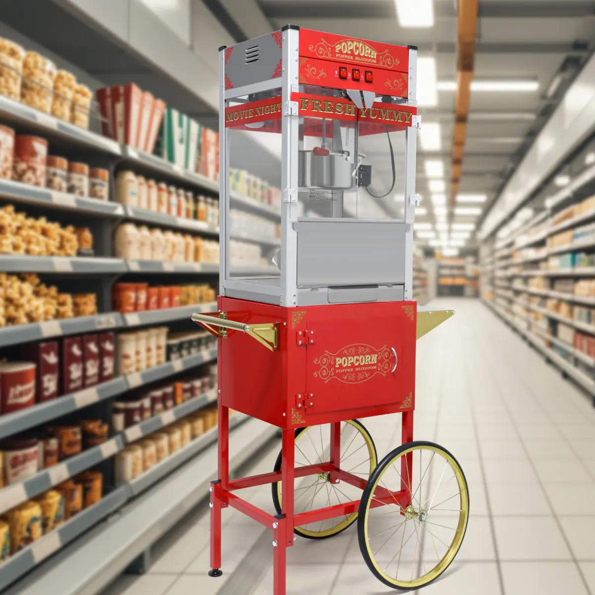 Antique-Style Popcorn Machine with Cart, Bicycle-Style Wheels, Storage Cabinet, 1440-Watts Power, 20-oz Capacity, 3-Switch Design for Parties & Businesses, Stainless Steel