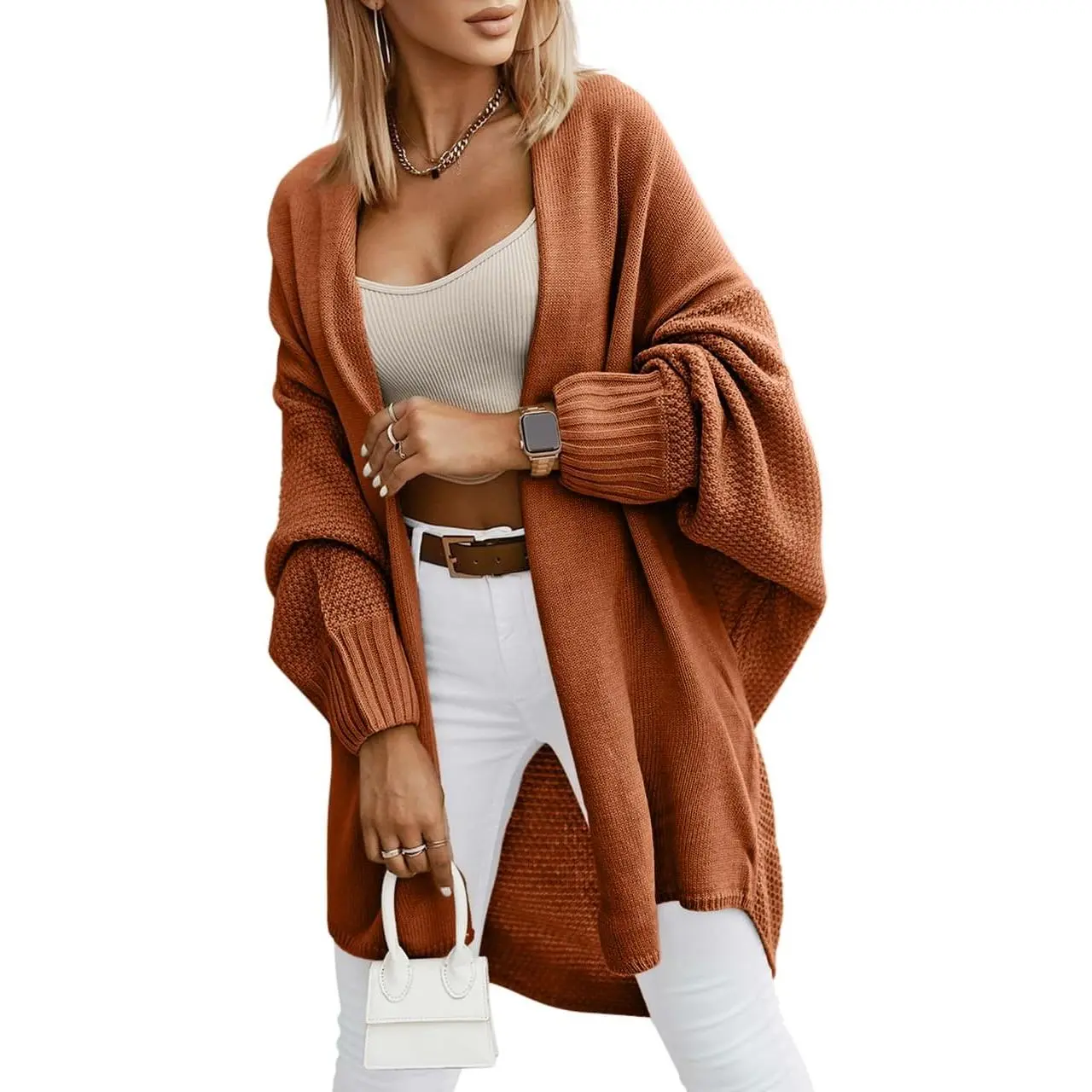 PiePieBuy Women's Plus Size Open Front Cardigan, Oversized Cable Knit Batwing Long Sleeve Sweater for Casual Wear and Lazy Outfits, Knitwear, Nylon, Drop Shoulder