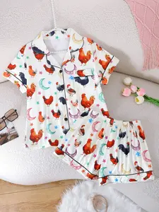 Women's Summer Cool Short Sleeve Sleepwear Set, Pajama Set, 2 Piece Button Front Top and Elastic Shorts, Cartoon Chicken Animal Print, Loungewear, All Seasons Comfortable Fit