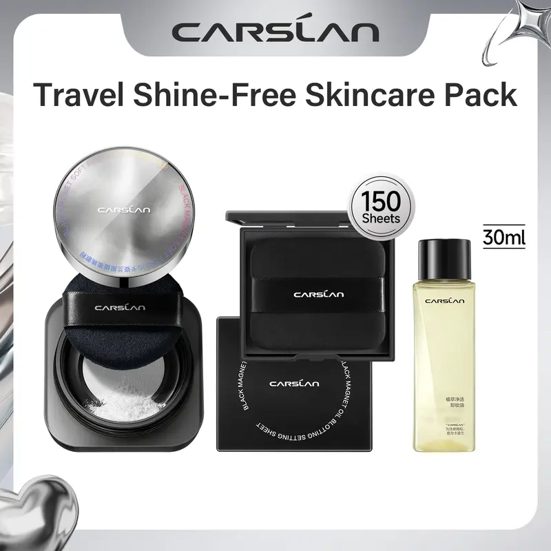 CARSLAN Summer Travel Shine Free Skincare Makeup Kit, Black Magnet Soft Focus Make-up Powder+Oil Blotting Setting Sheet(150 Sheets)+Purifying Cleansing Oil(30ml)
