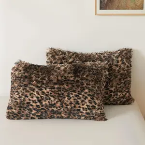 Fluffy Faux Fur Cheetah Print Pillowcases, Set of 2 Plush Fuzzy Leopard Print Long Bed Pillow Covers, 20x26 Shaggy Furry Pillow Shams with Zipper Bed Couch