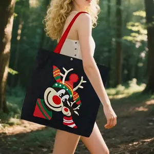 Christmas Handbag,Embroidered Deer Pattern Design, Large Capacity, Casual Unisex Tote Bags Candy Gift Packaging Bag for All Seasons Xmas Gift