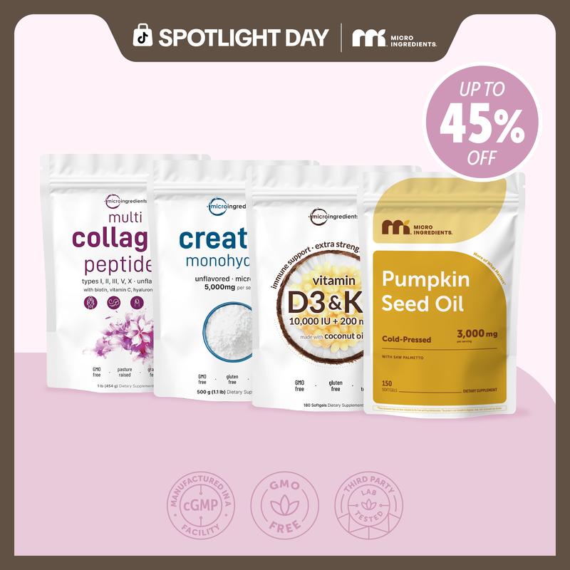 Micro Ingredients Hair & Muscle Nourish Bundle: Multi Collagen Peptides Powder 1LB, Creatine Powder 1.1LB, Vitamin D3K2 10,000IU 180 Softgels & Pumpkin Seed Oil 150 Softgels