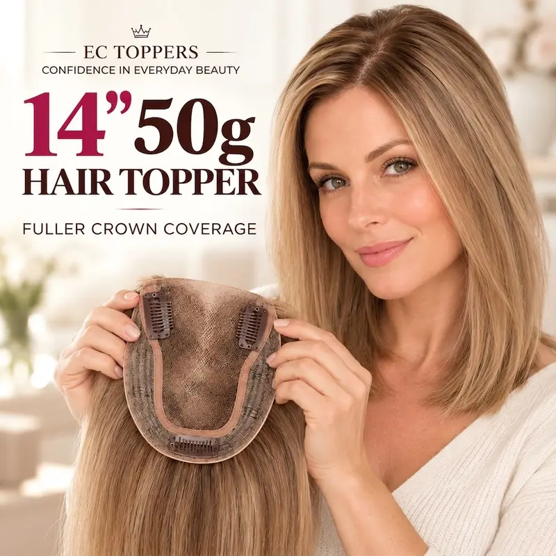 Women's EC 50g Contemporary Fluffy Hair Topper - 14in Free Parting Straight Synthetic Hair Extensions, 3 Anti-Slip Clips, Hand-Knotted Breathable Lace Base, Full Crown Coverage, Gray Root Coverage, Instant Volume, Anti-Thinning Detachable Casual Pieces