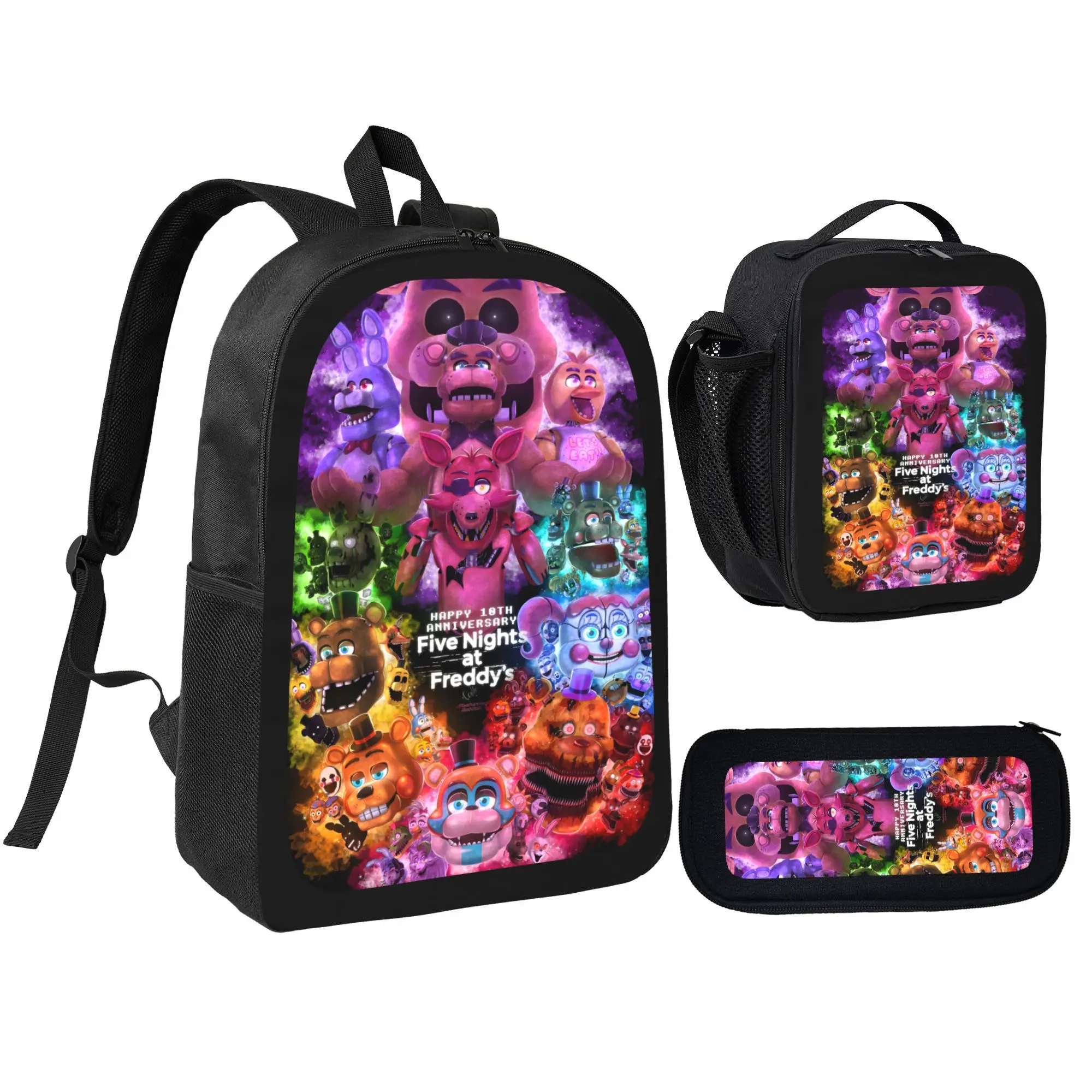 FNAF 3-Piece Cartoon Theme Backpack Set - Vibrant Anime Print School Bag with Insulated Box Lunch Bag and Pencil Case for Teens (Costumes & Accessories), Vibrant Print