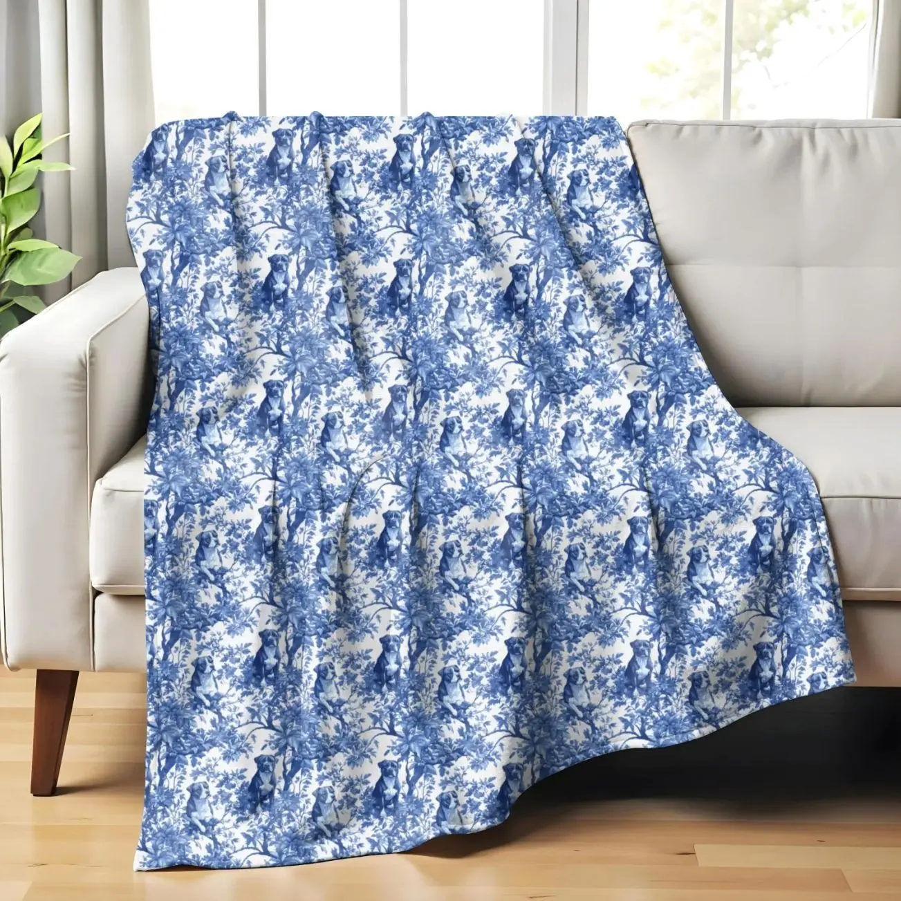 Pitbull Blue French Toile Blanket, Dog Toile Throw Blanket for Pittie Lovers, Toile de Jouy Gift for Dog Lovers, Dog Mom Cozy Plush Blanket