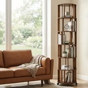 6 Tier Rotating Bookshelf Tower, Solid Wood Bookshelf on Wheels, Circular Book Shelf Rotating, Revolving Bookcase for Small Spaces, Corner Book Case, Spinning Book Shelf for Bedroom, Walnut