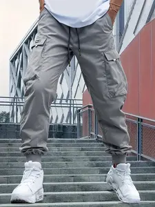 Men's Versatile Work Pants, Plain Color, Durable Utility Pants, Practical Large Pockets, Fashion Drawstring, Comfortable Fit, Stylish, All Seasons