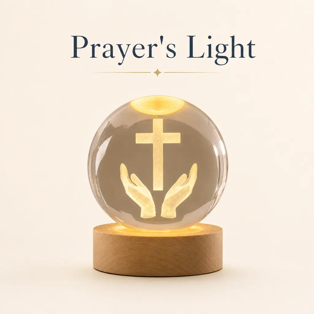 3D Jesus Image K9 Glass Crystal Ball Night Light, Laser Engraved Bible & Praying Hands Wooden Base, LED Glow Small Size Christian Inspirational Gift for Men, Religious Home Decor for Baptism, Christmas
