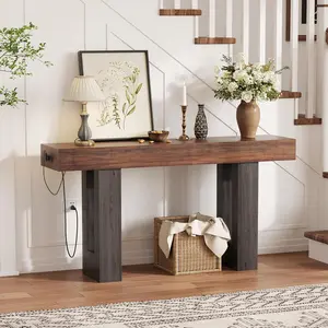 Garvee 63 Inch Rustic Brown & Gray Console Table with Power Outlet, USB & Type C Ports - Extra Long Narrow Sofa Table for Hallway, Entryway, Foyer, and Living Room
