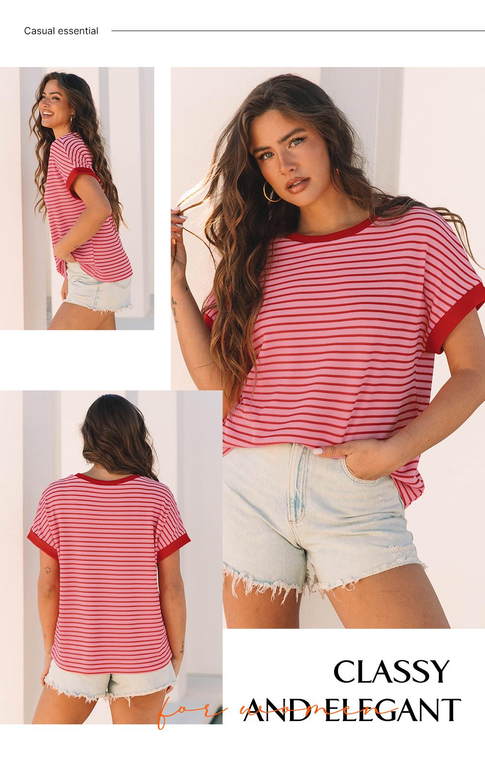 Asivivid Women's Striped Ribbed Knitted Drop Shoulder Round Neck T-Shirt Summer Tops Daily Everyday Wear Shirt Top