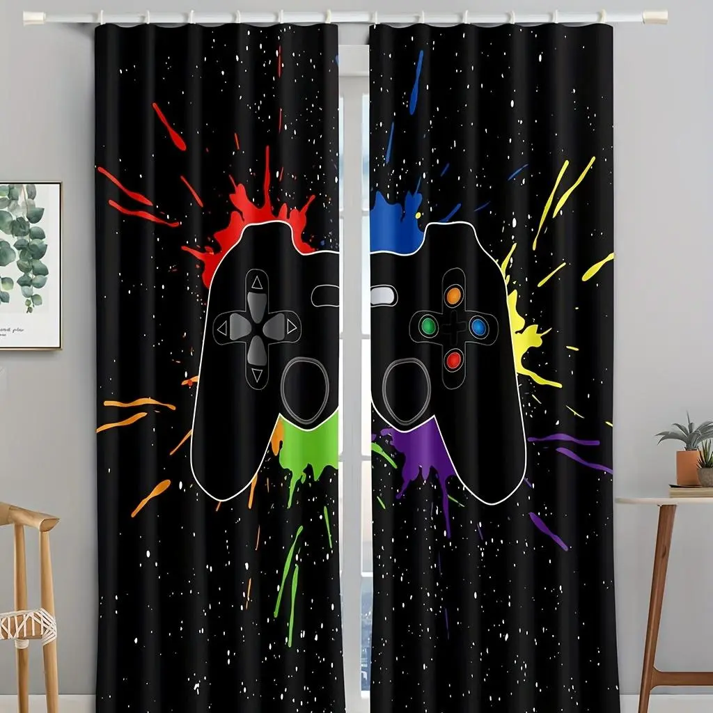Game Controller Pattern Door Curtain, 2 Counts Colorful Game Controller Printed Curtain, Home Decor for Living Room Bedroom Office, Window Curtain