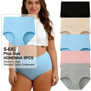 HONENNA 5PCS Women's High Waisted Cotton Underwear PLUS Soft & Breathable Panties Comfortable Full Coverage Briefs Stretchy & Durable plus