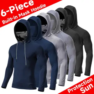 6-Pack Men’s Compression Hoodie with Built-in Mask, Quick Dry UPF Sun Protection Long Sleeve for Sports for Gym & Running Construction & Fishing Fabric Menswear Athletic Casual Outdoor Polyester Set Sweat