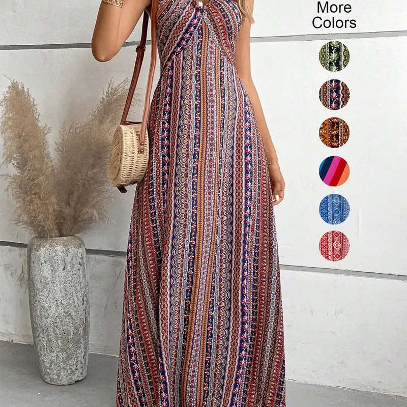 Women's Boho Casual Comfy Summer Long Dress with All-Over Print, Backless Crisscross Straps, Thin Woven Fabric, Fitted Design, Boho Casual Style, Perfect for All Seasons