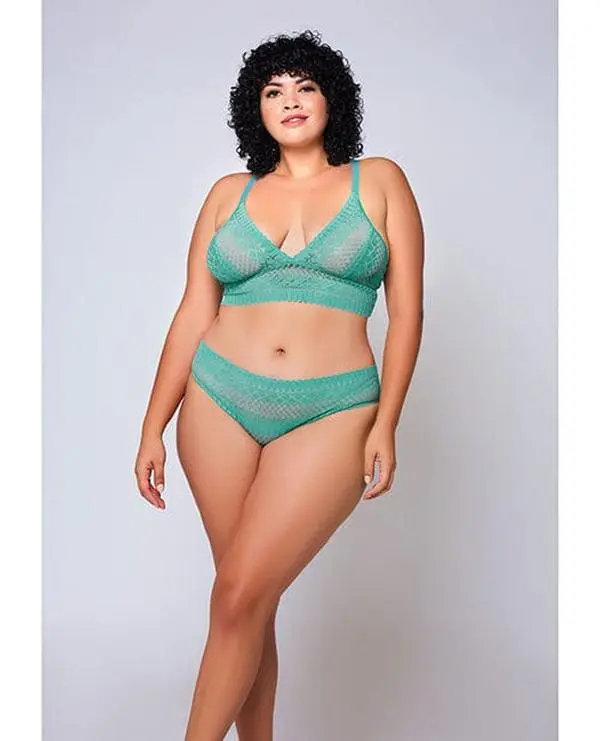 Women's Plus Size Teal Lingerie Set, Soft Geometric Lace Bralette with Matching Hipster, Nylon Spandex, Lacy, Elastane