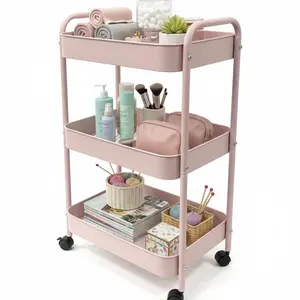 Three-layer Heavy-duty Metal Roller Cart with Lock Wheels Hooks Handles for Kitchens Bathrooms Offices Classrooms Dormitories in Pink White Ample Storage Racks