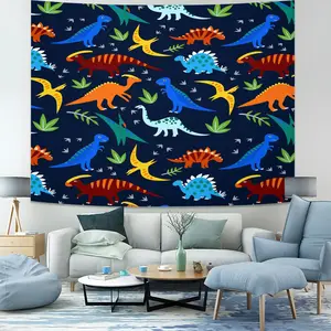 Cartoon Dinosaur Tapestry, Cute Wildlife Botanical Leaves Wall Tapestries, Kawaii Dino Wall Tapestries,Blue Yellow Green Home Wall Decor