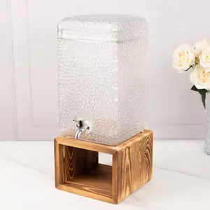 2 Gallon Clear Hammered Glass Beverage Dispenser with Spigot 19", Wooden Stand Rectangular Juice Jar with Lid - Lead-Free Countertop Feature