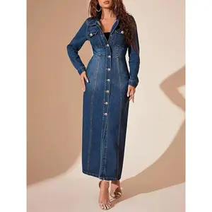 Women's retro single breasted waist tied denim dress with long sleeved collar and slim fit denim jacket style long skirt multifunctional casual dress suitable for various occasions in spring, autumn and winter, women's buttonsRAIMENTRY