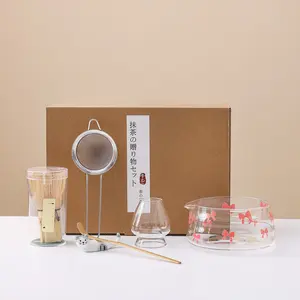 6-Piece Matcha Tool Set with Tea Scoop, Bamboo Matcha Whisk, High Borosilicate Matcha Bowls in Heart, Strawberry, and Bowtie Designs, Perfect Beginner Set, Great Valentine's Gift for Friends and Family