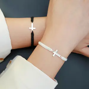 Simple men's and women's black and white woven cross couple rope bracelet adjustable jewelry