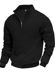 Men's Heavy Texture Casual Commuter Polo Sweatshirt, Spring & Fall Fitted Plain Zipper Design, Simple Style for Daily Wear