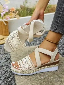 Women's plus-size round-toe lace breathable hollow cross-strap elastic wedge sandals, Espadrilles Wedges Sandals, for outdoor wear, comfortable, suitable for daily commuting, thick-soled Espadrilles Platform Sandals