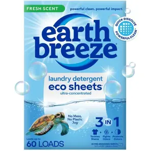 Earth Breeze Laundry Detergent Sheets Fresh Scent - 60 Loads No Plastic Jug Concentrated Laundry Detergent 30 Sheets