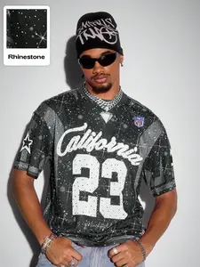 Men's Streetwear/Sports Summer New Arrival All-Print Rhinestone T-Shirt, Contrast Mesh Design, Rave Style, 2000s Retro Vibe, Athletic Activewear