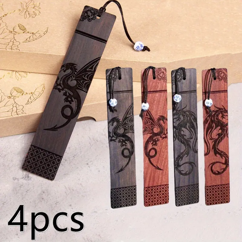 4pcs Redwood Western Dragon Bookmark Black Sandalwood Pterosaur Bookmark Carving Dragon Bookmark Tassel Pendant Ancient Style Stationery Gift Men's Cool Bookmark Book Friend Men's Gift Elegant Smooth Edges