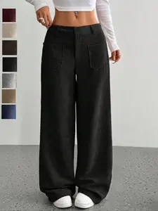 Women's Multi-Pocket Corduroy Wide Leg Pants, Loose Fit Casual Fashion, Natural Waist, Button Fly, All Seasons, Long Regular Length Bottom