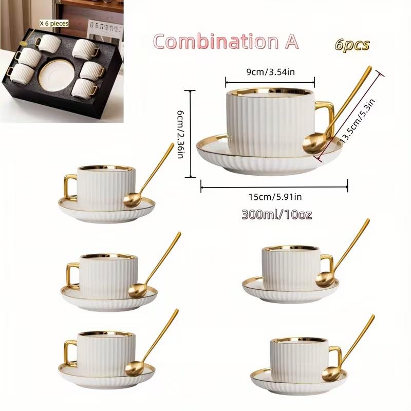 6 cups, 6 saucers, 6 spoons Ceramic Gold-trimmed Coffee Cups with Spoons Stackable Home Drinkware Gift Box Set Teacups with Saucers for Cappuccino Espresso Macchiato Latte Floral Tea Beverages Perfect for Tea Parties and Cafes Tumbler