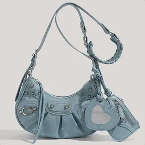 Women’s Parisian Moto Studded 3-in-1 Bag - Niche High-End Crescent Armpit Crossbody Purse Ornamets, Edgy Y2K Bag for Office Lunches, Weekend Errands & Street Style Outfits, Detachable Heart Mirror Charm Denim Shoulder Bag