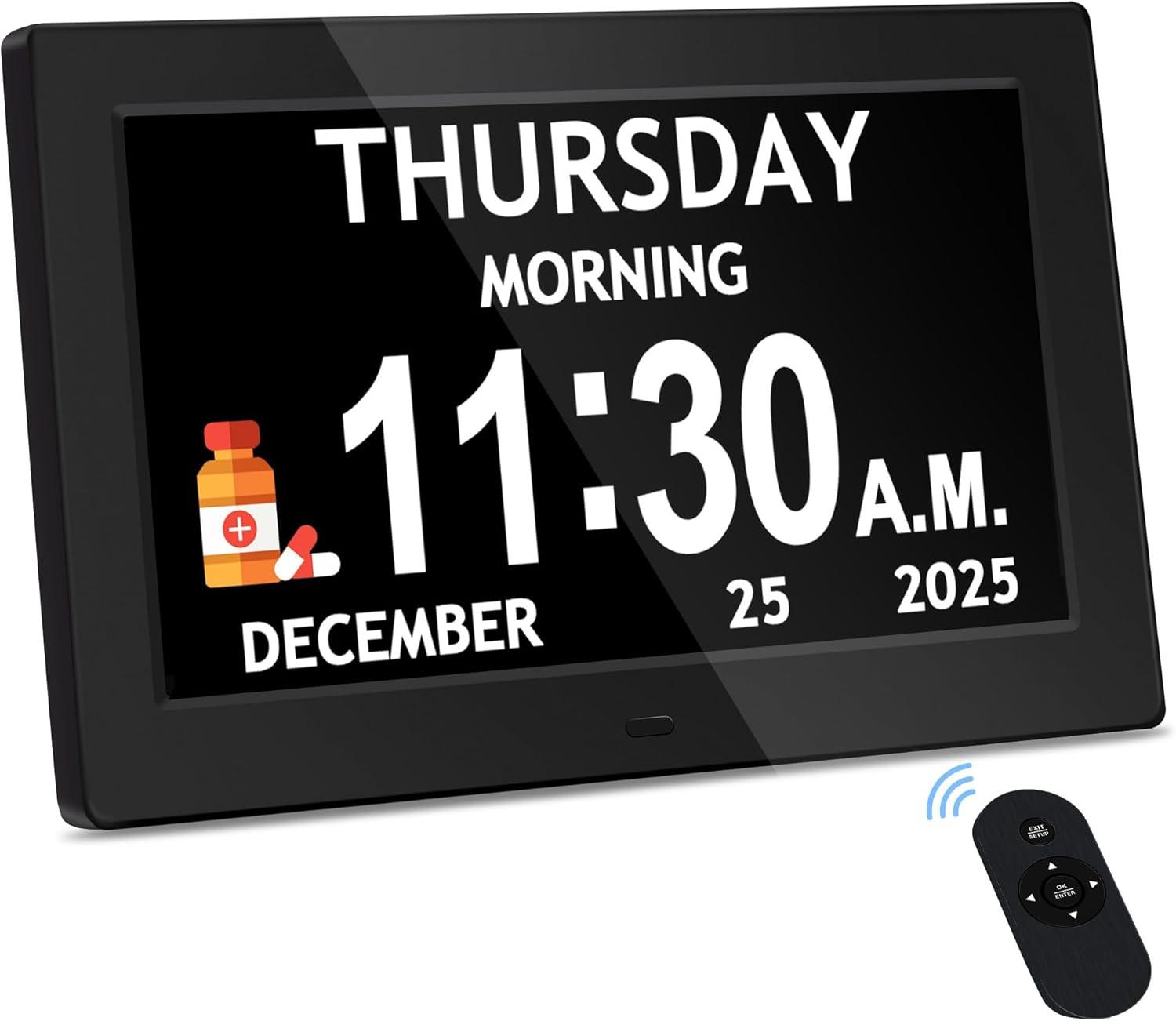 7'' Dementia Clock For Seniors, Large Display Digital Clock With Date, Time, Day Of Week for Elderly, Memory Loss, Alzheimer, 1024*600P HD, 10 Reminders & 6 Alarms, Auto Dimming & DST, Remote Control