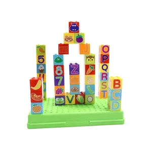 Preschool building block set with storage box, 40 interlocking blocks with letters, numbers, animals, fruits, and vegetables, STEM education early learning toys, children's anti swallowing safe stacking blocks, birthday gifts for boys and girls