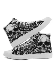 Men's Fashionable Skull Print Lace Up High Top Sneakers, Artistic Streetwear Shoes, Casual Comfortable Breathable Sports Shoes, Male All-match Round Toe Shoes for Daily Wear, Closed